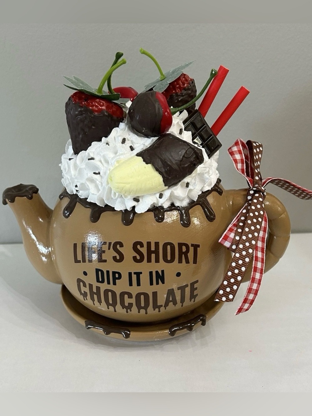 Life's Short Dip It In Chocolate Ceramic Teapot Decor - Handmade Fake dessert